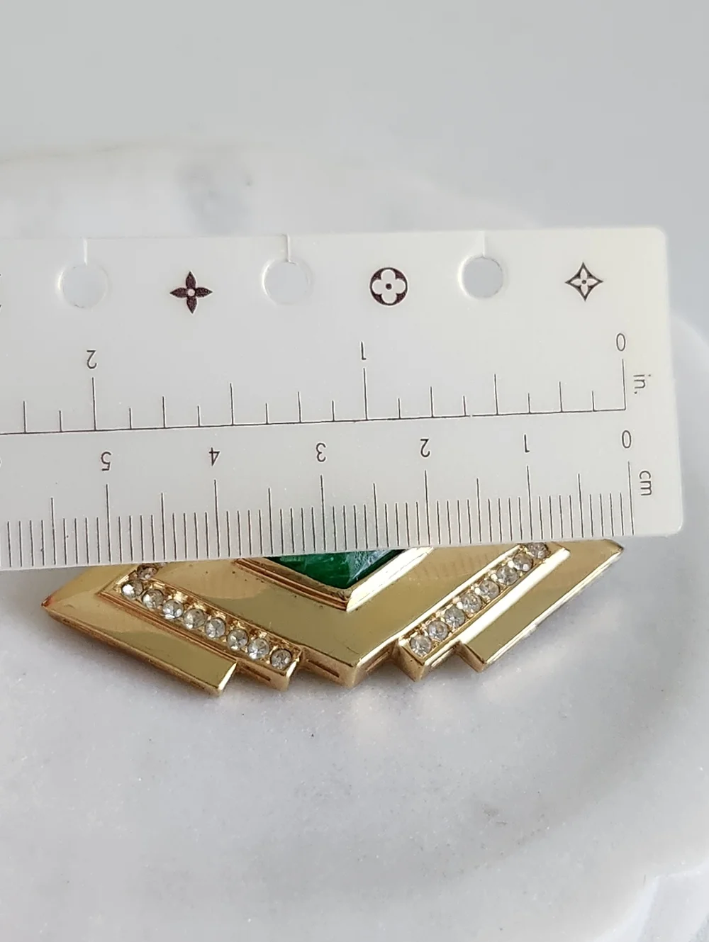 Christian Dior Gold Tone Geometric Brooch with Emerald Green Center and Crystals